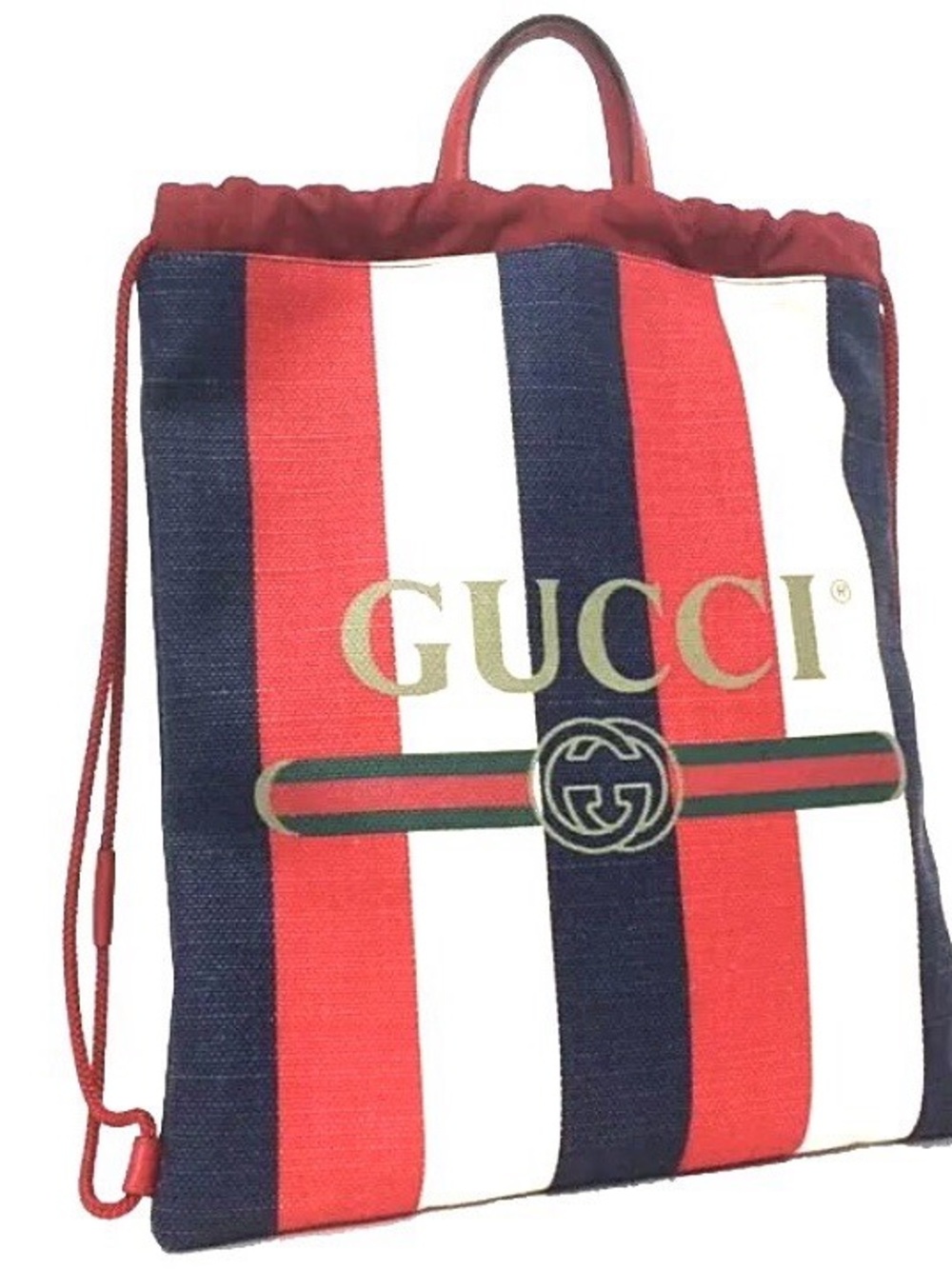NWT Gucci Red, White & Blue Striped Canvas Drawstring Tote/Backback